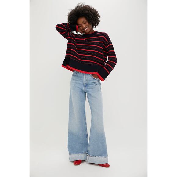 TUCKERNUCK Navy and Red Pointelle Stripe Maxine Sweater Size L NWT - Picture 4 of 7